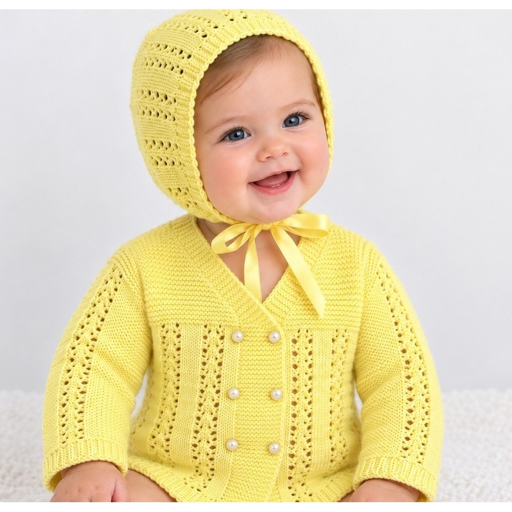 Vintage 1950s Baby Sweater Knit cardigan And Bonnet Set Butter Yellow 3-6 Months